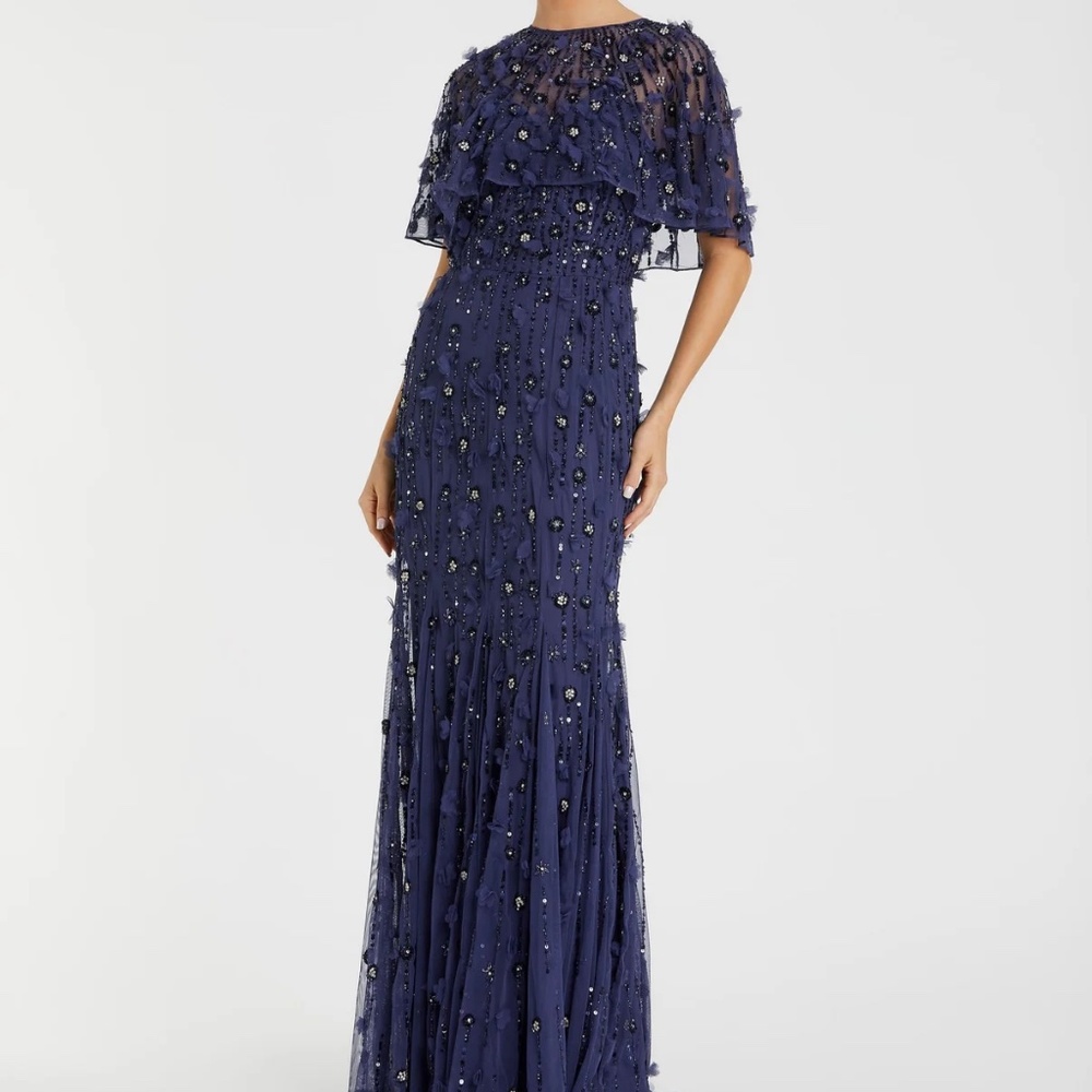 Navy Embellished Illusion Cape Sleeve Trumpet Gown